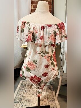 Floral Off-Shoulder Cream Bodysuit with Pink & Green Print